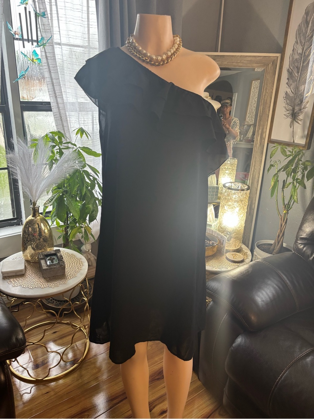 One-Shoulder Black Ruffle Shift Dress
